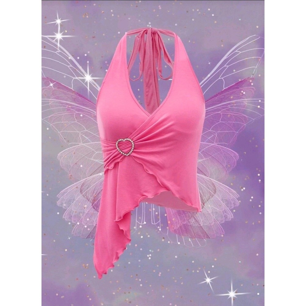 SHEIN Hot Pink Asymmetrical Top Rhinestone Heart Y2K Tie Halter Tank Sz Medium